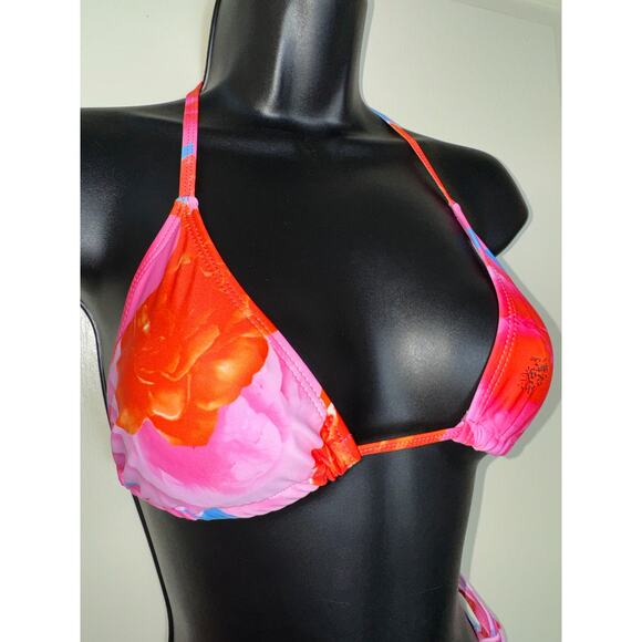 New Medium Red Pink Adjustable Bikini Swimsuit Set Retro Triangle Padded Halter - Picture 4 of 7